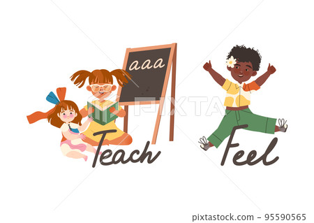 Little Boy and Girl Feeling Joy and Teaching Doll as Verb Expressing Action for Kids Education Vector Set 95590565