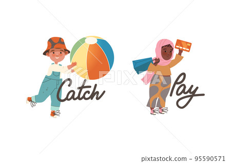 Little Boy and Girl Catching Ball and Paying with Credit Card as Verb Expressing Action for Kids Education Vector Set 95590571