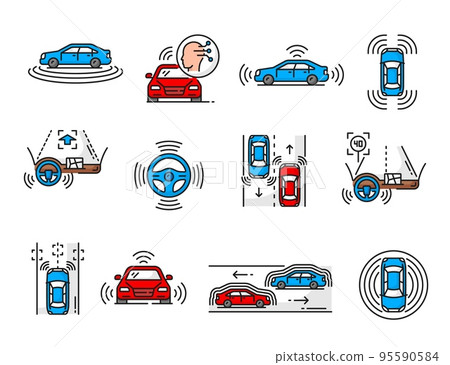 Driverless car and vehicle icons. Automobile autopilot and autonomous auto and car driving safety technology line symbols. Driverless vehicle steering wheel, radar interface outline vector icons Driverless car and vehicle icons. Automobile autopilot and autonomous auto and car driving safety technology line symbols. Driverless vehicle steering wheel, radar interface outline vector icons 95590584