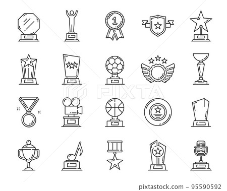 Line award trophy icons, cups and winner prize goblets, vector best first place symbols. Award cups and trophy goblet icons of sport game champion, number one medals in music or cinematography 95590592