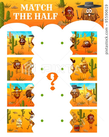 Wild West. Match the half of cartoon cowboy, bandit and ranger nut characters. Matching quiz vector worksheet, kids game with western cowboy hazelnut, coffee bean, walnut and cashew nut personages Wild West. Match the half of cartoon cowboy, bandit and ranger nut characters. Matching quiz vector worksheet, kids game with western cowboy hazelnut, coffee bean, walnut and cashew nut personages 95590619