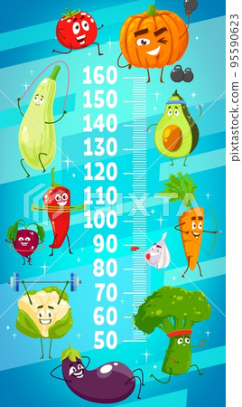 Kids height chart with cartoon vegetables on fitness. Child growth meter roler with running tomato, zucchini and avocado with dumbbell, pumpkin, pepper and cauliflower, carrot, broccoli and eggplant Kids height chart with cartoon vegetables on fitness. Child growth meter roler with running tomato, zucchini and avocado with dumbbell, pumpkin, pepper and cauliflower, carrot, broccoli and eggplant 95590623