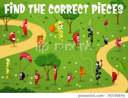 Find the correct pieces. Cartoon cheerful berry character on summer vacation. Kids matching game vector worksheet, pieces connect riddle or educational quiz with strawberry, raspberry and cowberry Find the correct pieces. Cartoon cheerful berry character on summer vacation. Kids matching game vector worksheet, pieces connect riddle or educational quiz with strawberry, raspberry and cowberry 95590648