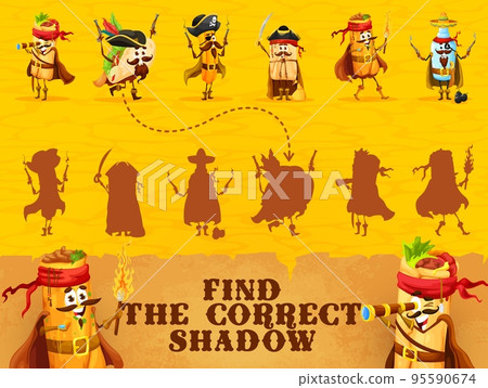 Find the correct shadow of cartoon mexican food pirate and corsair characters. Kids intelligence game vector worksheet or logical quiz with funny burrito, taco and churros, nachos and enchilada 95590674