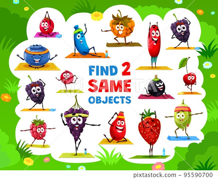 Cartoon cute berry characters on yoga fitness. Find two same berries game. Kids game vector worksheet, child puzzle. Grape and rosehip, blueberry, strawberry and honeyberry, cowberry and raspberry Cartoon cute berry characters on yoga fitness. Find two same berries game. Kids game vector worksheet, child puzzle. Grape and rosehip, blueberry, strawberry and honeyberry, cowberry and raspberry 95590700
