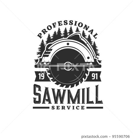 Sawmill icon with spruce or pine trees silhouettes and hand circular saw. Carpenter shop or lumber monochrome vector symbol or retro icon. Logging industry and woodwork tools vintage sign or badge 95590706