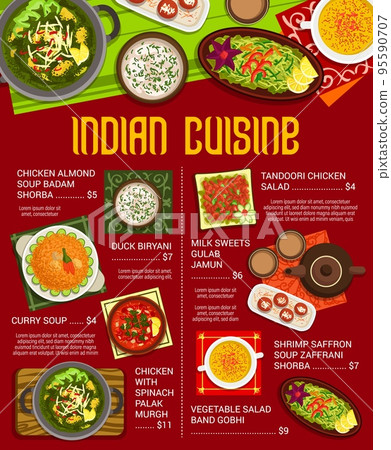 Indian cuisine meals vector menu with vegetable and meat spice food, curry, milk dessert. Duck rice biryani, shrimp saffron and almond soups, tandoori chicken and veggie salads, spinach chicken curry 95590707
