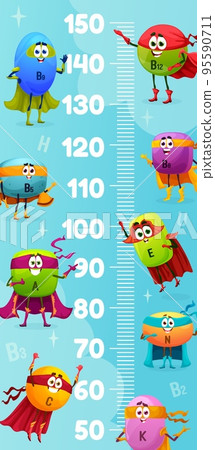 Kids height chart ruler, cartoon vitamin superhero characters, vector growth meter. Baby tall size measure ruler with super hero pills and defender vitamins E, C and A in super hero masks and capes 95590711