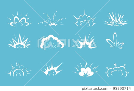 Cartoon bomb explosion, comic clouds and smoke with sparks. Vector comics book effects of bomb explosion, boom, blast and bang isolated clouds with fire flashes, burst energy splashes, stars, dust 95590714