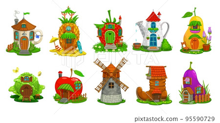 Windmill, pineapple, strawberry, pear, cabbage, apple, eggplant, mug, boot and watering can cartoon houses. Vector fairytale dwellings, fantasy buildings, gnome or elf cute home cottages isolated set Windmill, pineapple, strawberry, pear, cabbage, apple, eggplant, mug, boot and watering can cartoon houses. Vector fairytale dwellings, fantasy buildings, gnome or elf cute home cottages isolated set 95590729