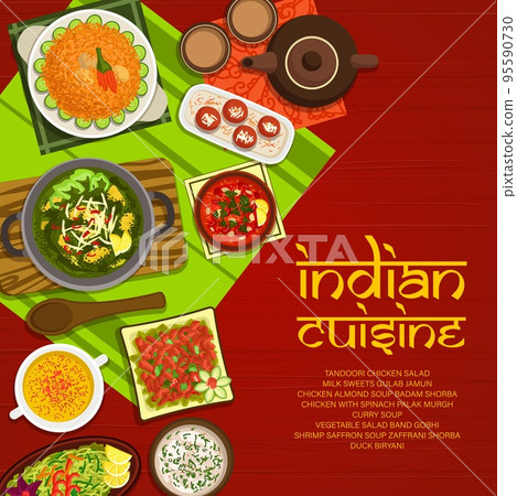 Indian cuisine menu cover with vector spice food of Asian restaurant. Vegetable and meat curry, duck rice biryani and tandoori chicken salad, fried milk sweets, saffron shrimp and almond soups 95590730