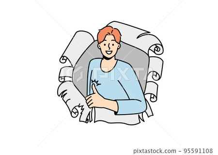 Smiling man look from hole show thumb up Smiling man look from hole show thumb up 95591108