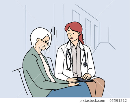 Female doctor talk with mature patient in clinic  95591212