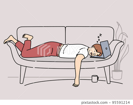Tired man fall asleep on sofa with laptop  95591214