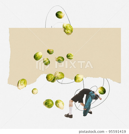 Contemporary art collage. Creative design with broccoli attacking young man. Healthy eating, lifestyle. 95591419