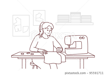 Female seamstress sewing on machine 95591711