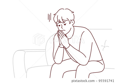 Unhappy man sit on sofa feeling stressed Unhappy man sit on sofa feeling stressed 95591741