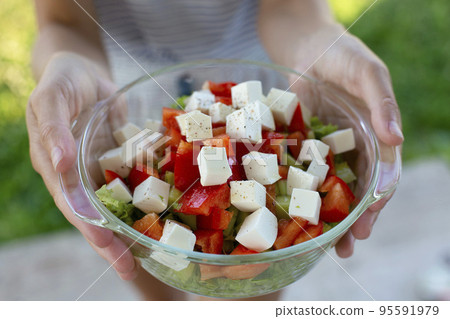 Transparent plate with fresh vegetables, cheese and spices. Delicious vegetarian salad. Female hands hold a plate of salad Transparent plate with fresh vegetables, cheese and spices. Delicious vegetarian salad. Female hands hold a plate of salad 95591979