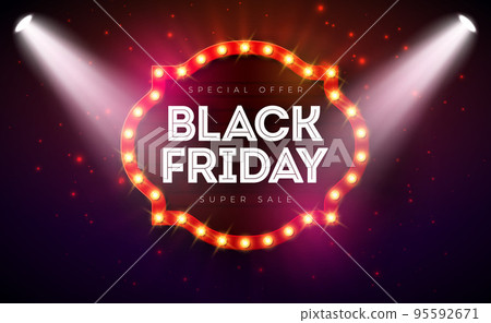 Black Friday Sale Illustration with Glowing Light Bulb Billboard on Dark Background. Vector New Year and Christmas Design Template for Greeting Card, Flyer, Banner, Celebration Poster or Party 95592671