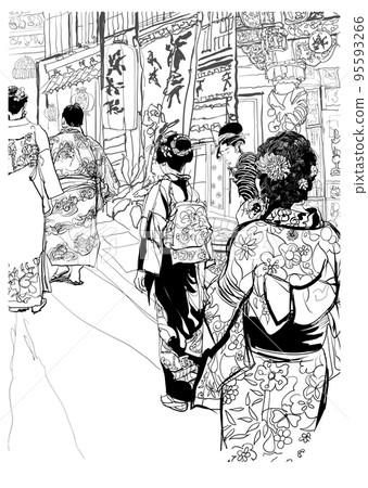 Japan, street in japan with people in traditional clothing 95593266