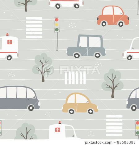 Seamless pattern with cute cars, traffic lights, trees and birds. 95593395