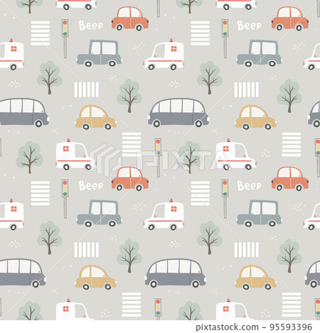 Seamless pattern with cute cars, traffic lights and trees. 95593396
