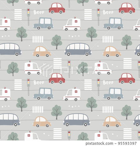 Seamless pattern with cute cars, traffic lights and trees. 95593397