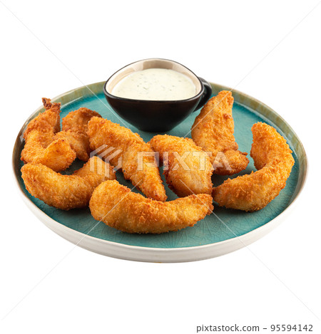 Portion of batter fried tempura shrimp with sauce Portion of batter fried tempura shrimp with sauce 95594142