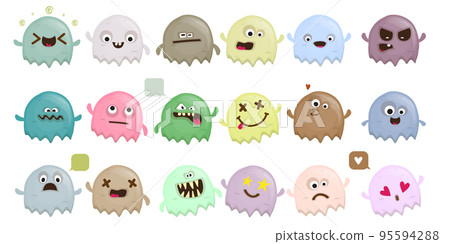 Set of cute funny colorful ghosts isolated on white background. Ghost sticker collection with different colors and emotions. Vector Halloween design element and stickers set isolated Set of cute funny colorful ghosts isolated on white background. Ghost sticker collection with different colors and emotions. Vector Halloween design element and stickers set isolated 95594288