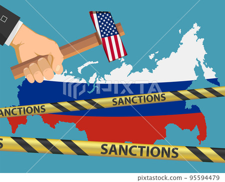 Hammer with USA flag over Russia map. Hammer with USA flag over Russia map. 95594479