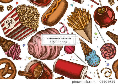 Carnival food seamless pattern background design. Engraved style. Hand drawn french fries, pretzel, popcorn, lemonade, hot dog, mulled wine, caramel apple, cotton candy, ice cream cones, lollipop 95594635
