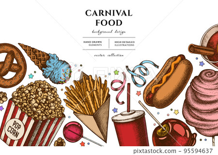 Carnival food hand drawn illustration design. Background with retro french fries, pretzel, popcorn, lemonade, hot dog, mulled wine, caramel apple, cotton candy, ice cream cones, lollipop, ribbons. 95594637