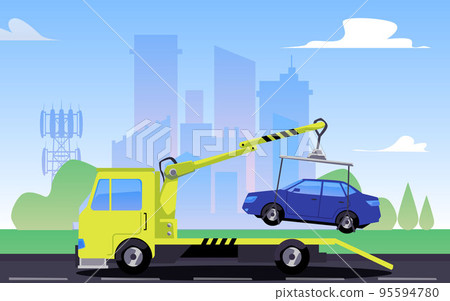 Tow truck lifting car, city landscape, flat vector illustration. 95594780