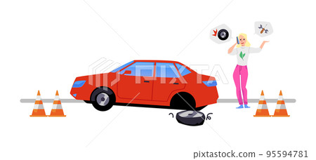 Woman calling repair shop or tow truck to help with broken car, flat vector illustration isolated on white background. Woman calling repair shop or tow truck to help with broken car, flat vector illustration isolated on white background. 95594781