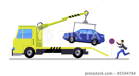 Tow truck lifting improperly parked car, upset man running - flat vector illustration isolated on white background. 95594784