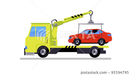 Towing truck transporting a car, flat cartoon vector illustration isolated. Towing truck transporting a car, flat cartoon vector illustration isolated. 95594795