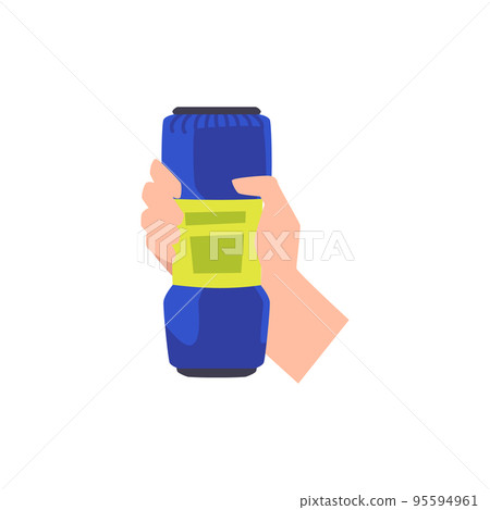Human hand holding blue cleaning product with green label flat style Human hand holding blue cleaning product with green label flat style 95594961