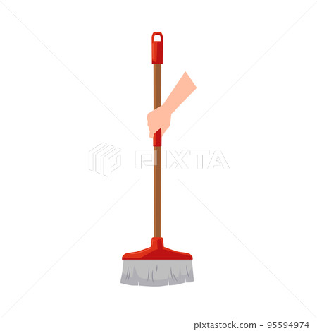 Hand holds wooden broom with brush, flat vector illustration isolated on white background. Hand holds wooden broom with brush, flat vector illustration isolated on white background. 95594974