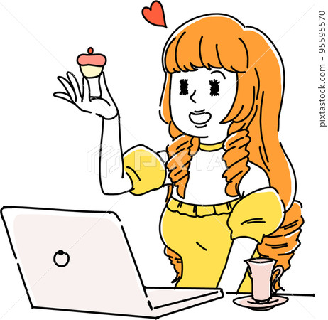 A young lady who works at a company. Eating dessert in front of a PC 95595570