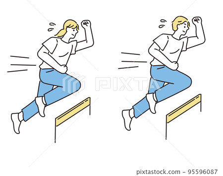 跨越障礙的男女（提高、運動、飛躍、努力） 95596087