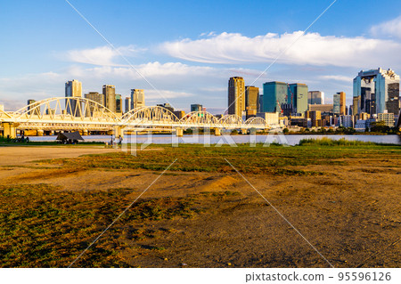 NTT Juso Bridge and Umekita Building Group over the Yodo River in Osaka Prefecture 95596126