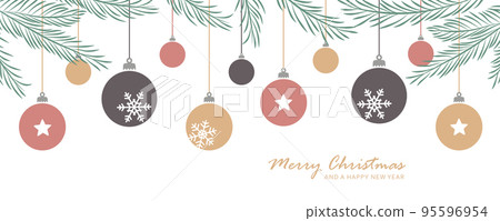 merry christmas card with hanging ball decoratoin and fir branches merry christmas card with hanging ball decoratoin and fir branches 95596954