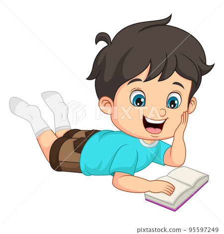 Cute little boy laying and reading a book 95597249