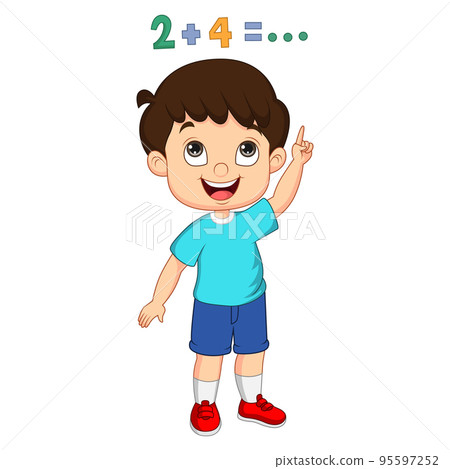 Little boy pointing about the answer to the sum of the numbers Little boy pointing about the answer to the sum of the numbers 95597252