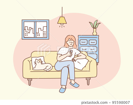 在家放鬆的插圖（假日、隆隆聲、室內） 95598007