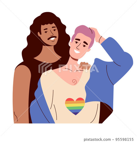 Two gay men smile and hug. Interracial lgbt, rainbow flag and love 95598155