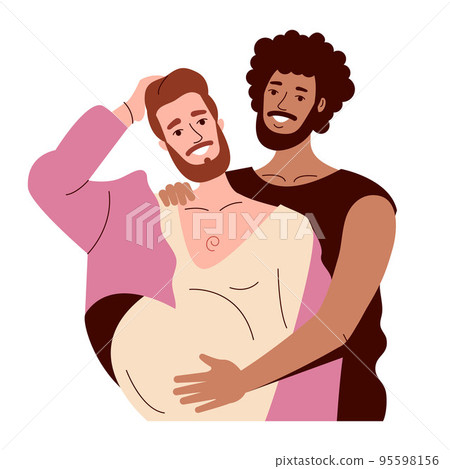 two gay men of different races hug. the dark guy smiles. Pregnant transgender queer man, pink hair 95598156
