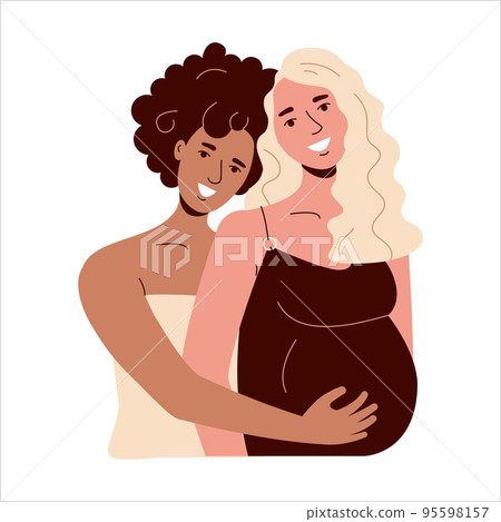 Pregnant women smile. Lesbian girlfriends are married and will have a baby. Interracial lgbt family Pregnant women smile. Lesbian girlfriends are married and will have a baby. Interracial lgbt family 95598157