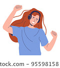 A red-haired girl with headphones is dancing. A happy woman has raised her hands and is listening to music 95598158