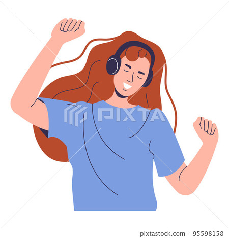 A red-haired girl with headphones is dancing. A happy woman has raised her hands and is listening to music A red-haired girl with headphones is dancing. A happy woman has raised her hands and is listening to music 95598158